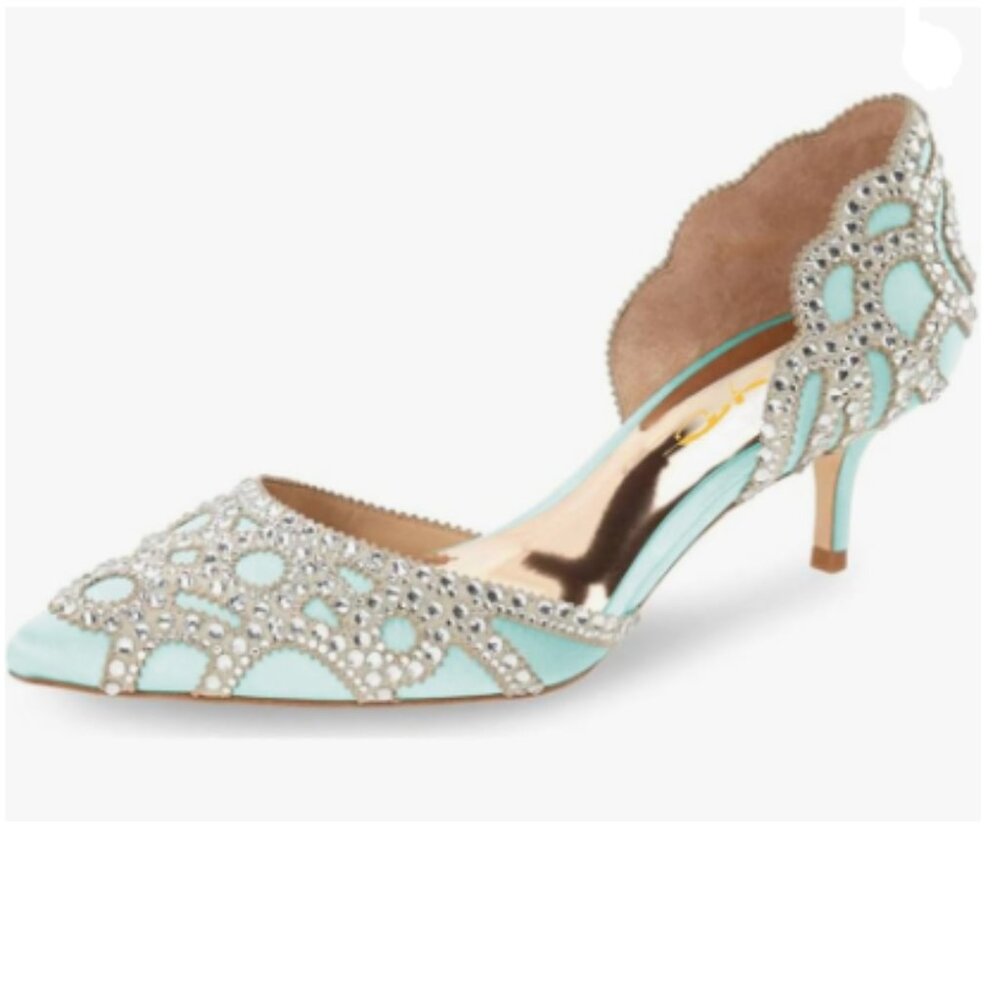 XYD Light Cyan Pointed Toe D'Orsay Kitten Heel Rhinestone Studs Pumps